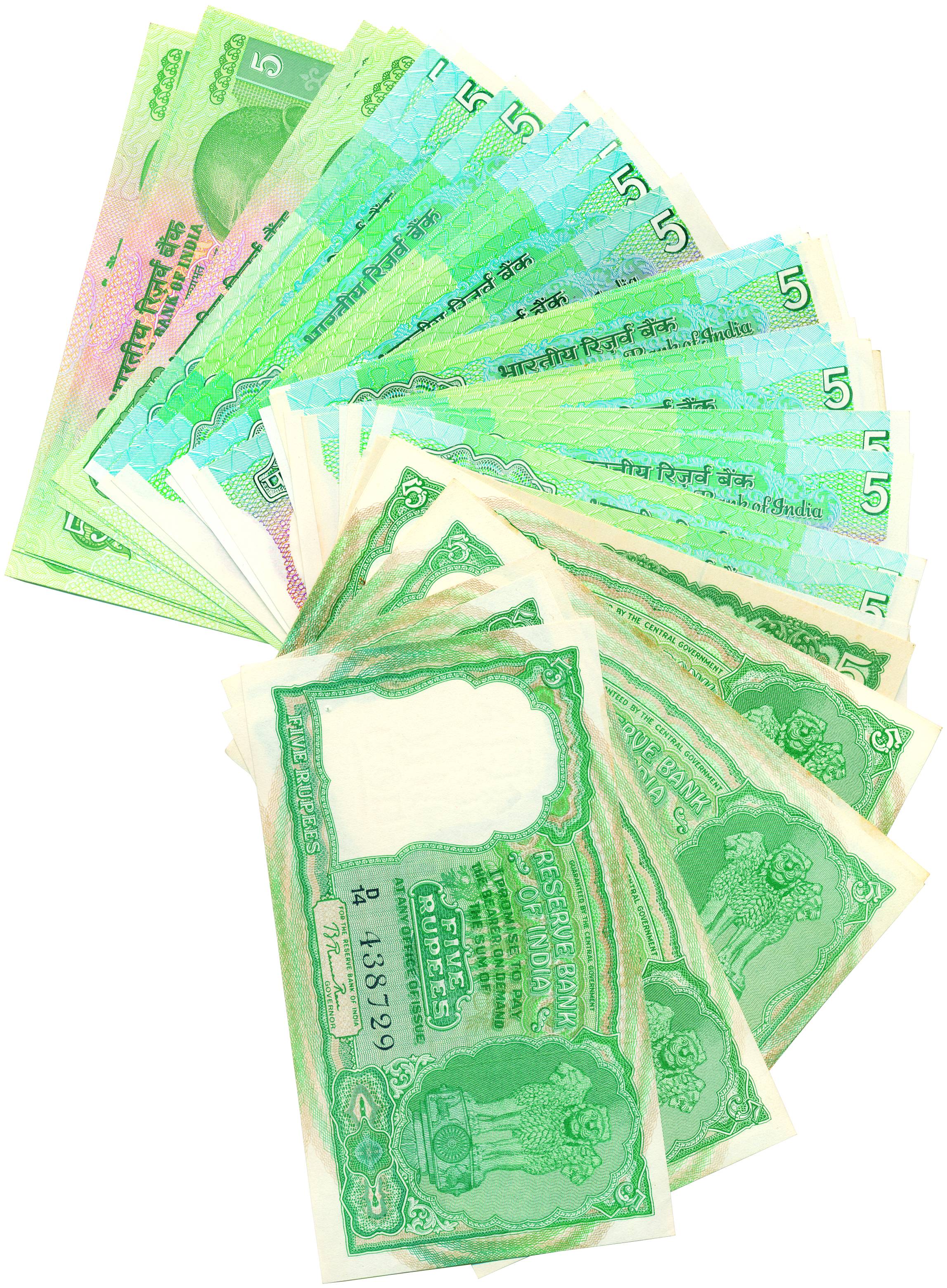 5 Rupees, Complete Set of all 41 notes of all the issued types and varieties right from B 