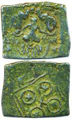 Satavahanas, Satakarni I, Bell metal, 5.82 g, Gaja-Lakshmi Type, Goddess Lakshmi seated on