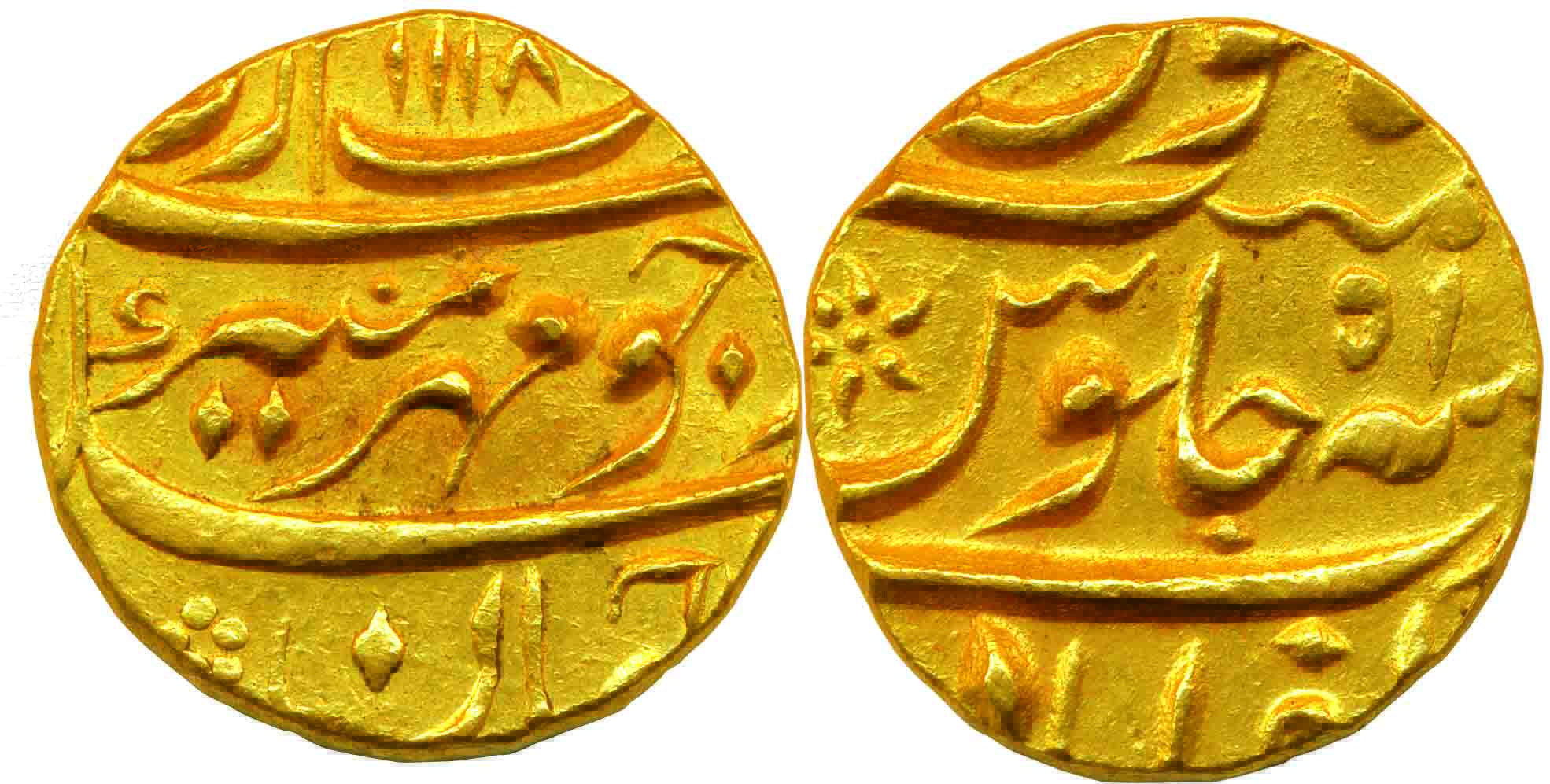 Aurangzeb, Gold, 11.05 g, Mohur, Zafarabad Mint, AH 1118/51, mint name at bottom on rev. A