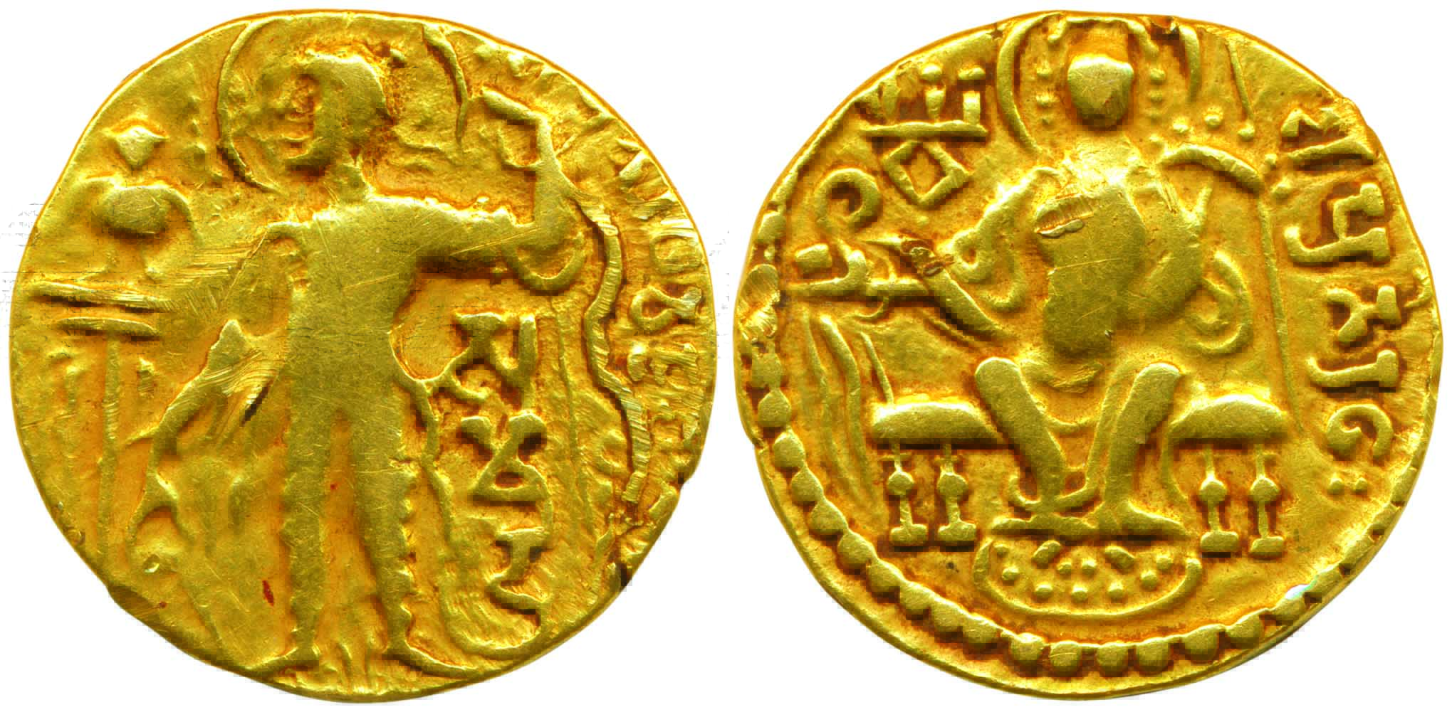 Guptas, Samudragupta, Gold, 7.32 g, Dinar, Archer type, obv. king nimbate, standing left, 