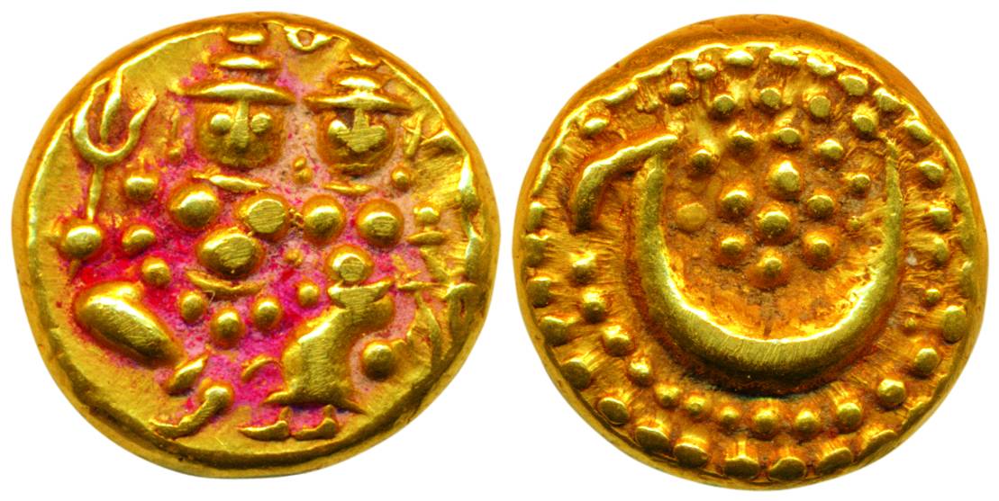 Haidar Ali, Gold, 3.3 g, Pagoda, Shiva-Paravati on obv & Persian ha on rev (KM# 15). Extre
