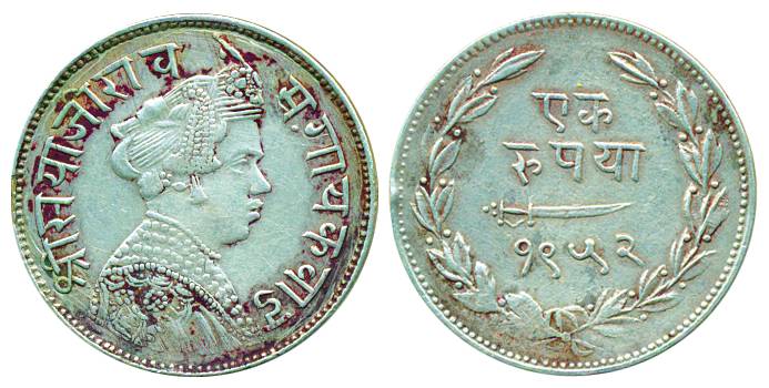 Sayaji Rao III, Silver, Rupee, Baroda mint, Portrait type, VS 1952, Small Flan type. About