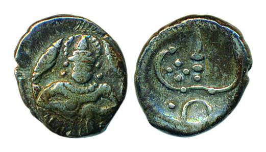 Silver, 1.03 g, 2 Puttans, Goddess Lakshmi seated on obv, motif on rev, ND (KM 6). Very Fi