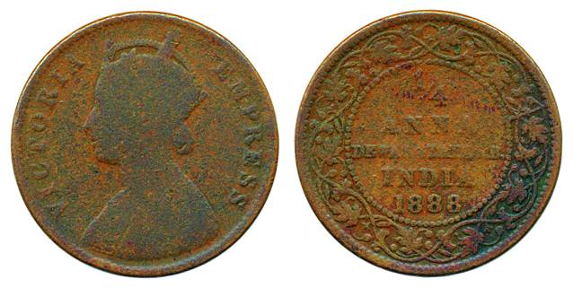 Copper, ¼ Anna, 1888, in the name of Victoria Empress (KM# 13) Fine+.