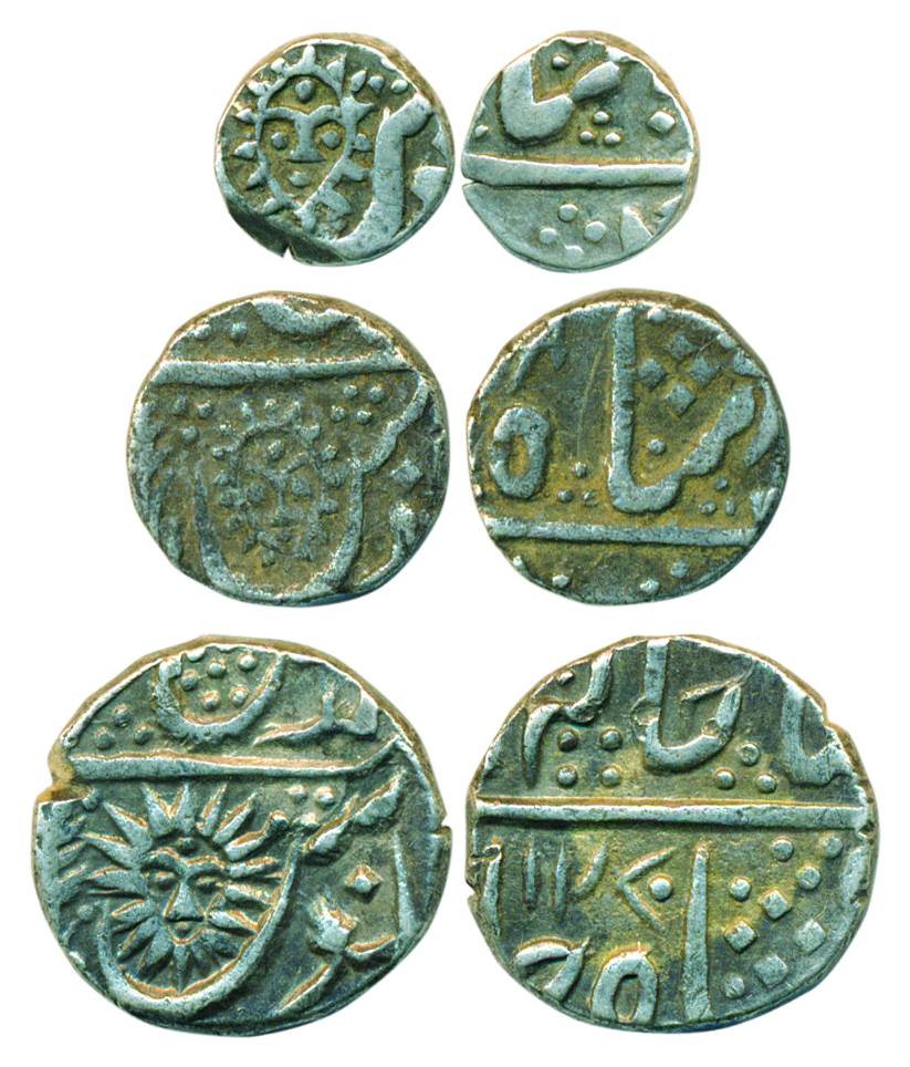 Tukoji Rao Holkar, set of 3, Silver, ½ Rupee, ¼ and 1/8th, Malhar Nagar Mint, sunface on o