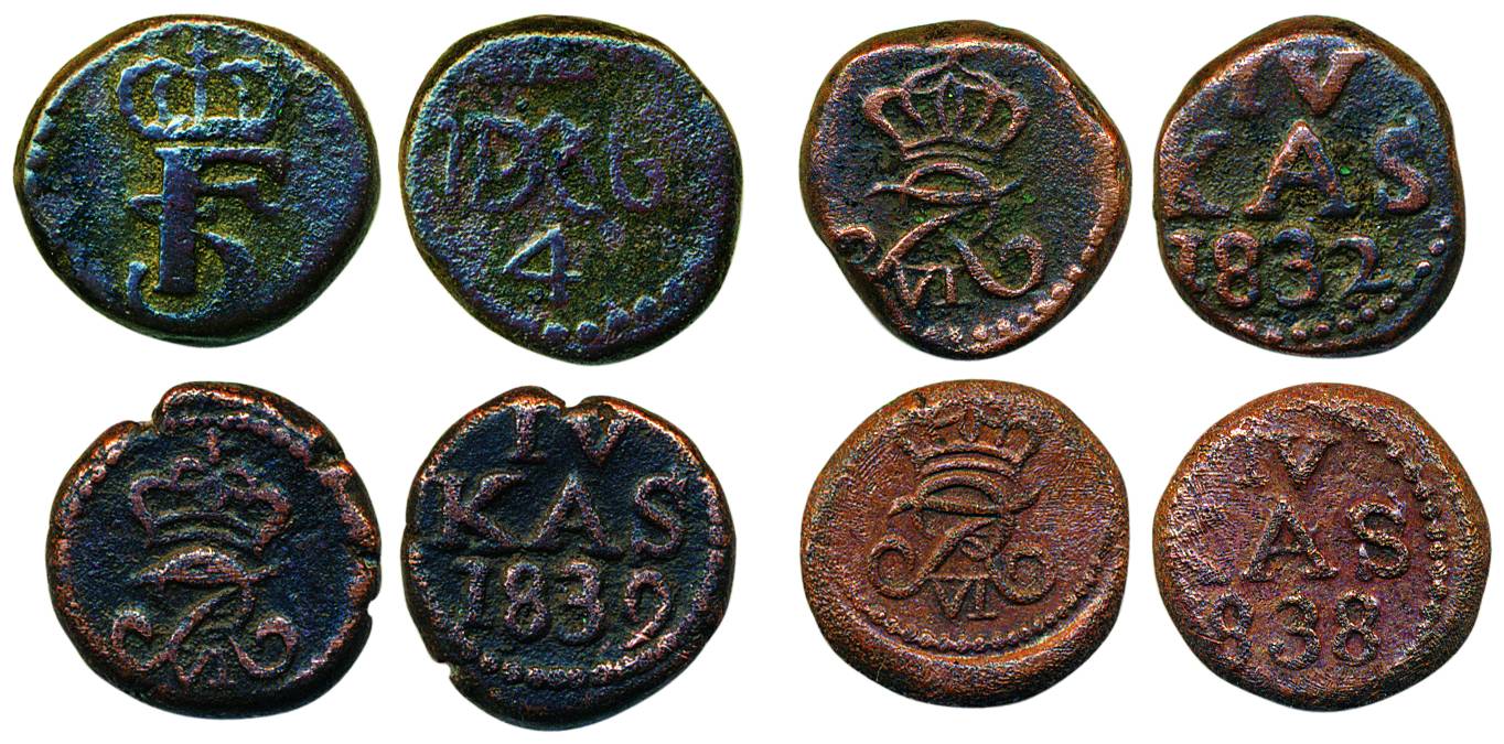Copper, 4 Cash (4), 1763, 1832, 1838 and 1839. crowned initials on obv, value and date on 