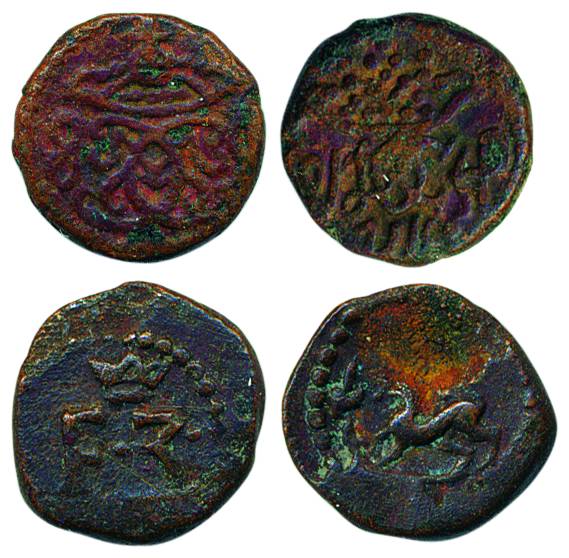 Copper (2), Kas, crowned F3 on obv, animal to left on rev; crowned initials on obv, date o