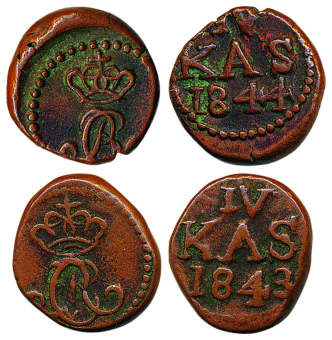 Cash (2), Copper, 1843 & 1844, obv. crowned C, R monogram, rev. Value and date, Complete d