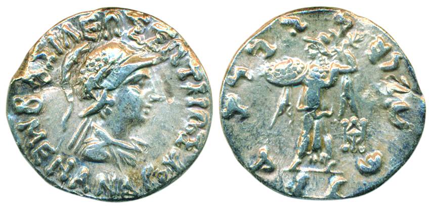 Indo-Greeks, Menander, Silver, Drachm, helmeted bust of the king to right with Greek legen