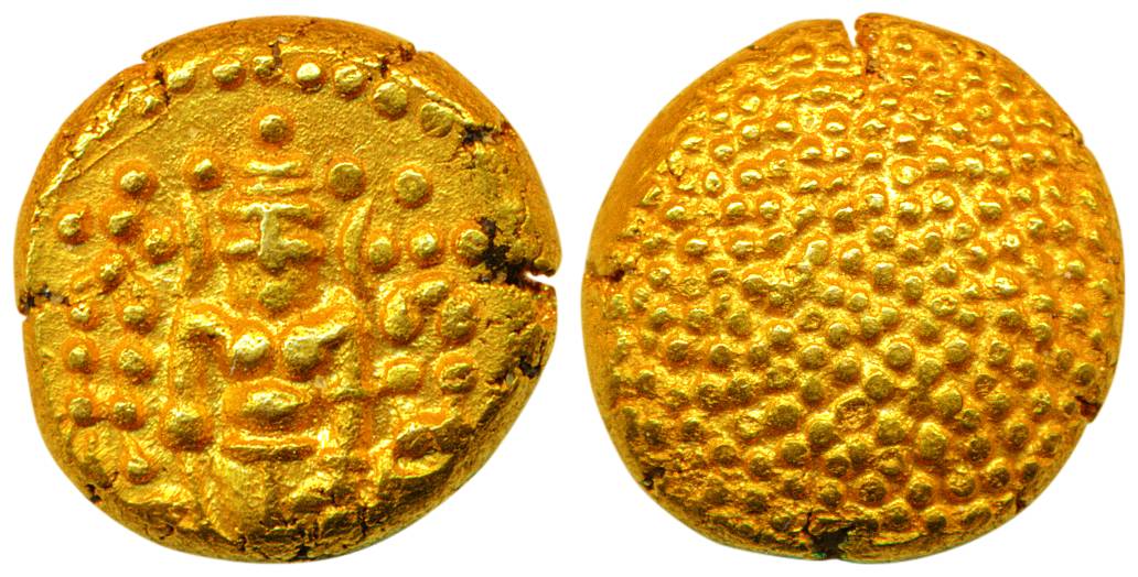 Porto-Nova Gold, Pagoda, 3.4g, Lazy J with Lord Vishnu standing, facing front on obv., gra