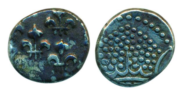 Fanon, Silver, 1.51 g, pearled crown on obv, 5 fleur-de-lis on rev, ND (1760), KM# 44. Ver