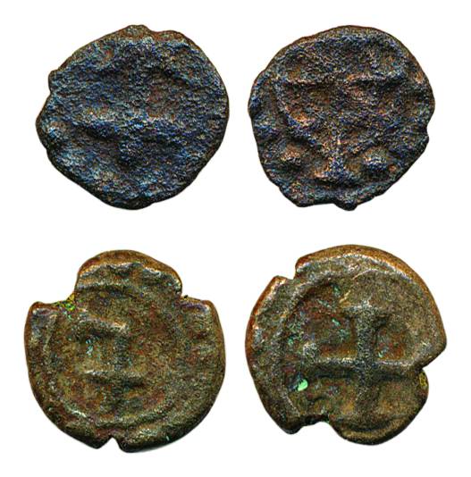 1/8 & ½ Bazaruco, Copper (2), first Latin cross on obv and globe? On rev, second 'F' in pl