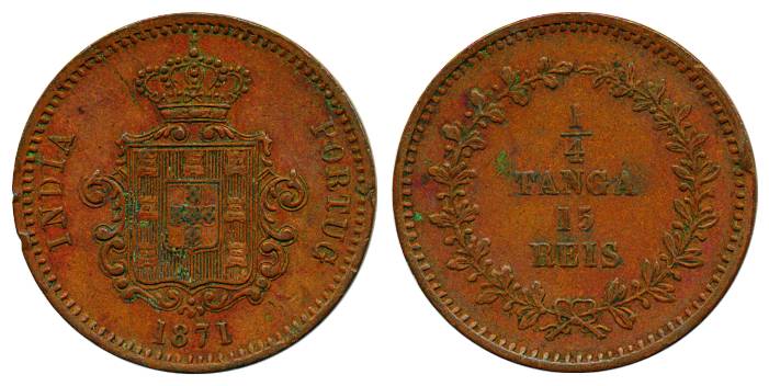 Goa, Copper, 1/4 Tanga or 15 Reis, 1871, crowned arms on obv, value on rev (KM 4). About E