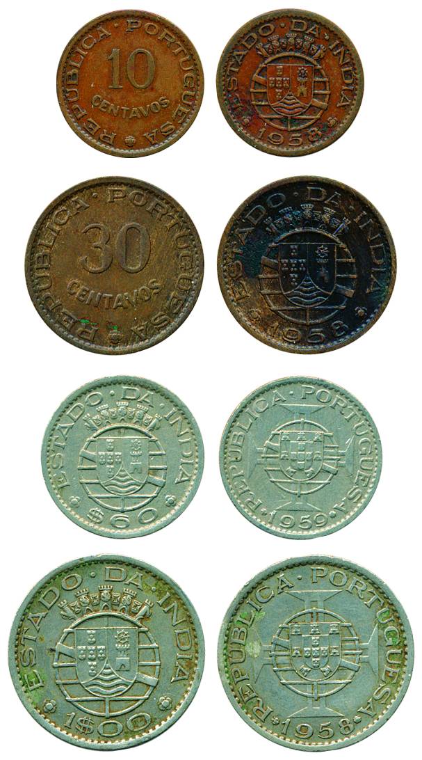 Goa, Republic (4), Cupro-Nickel, $ 100 and 60; Copper, 30 & 10 Centavos. Very Fine, Scarce