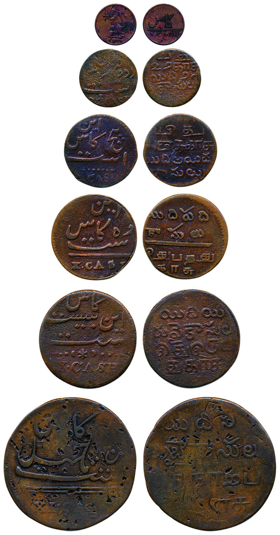 Copper (6), Complete Set of 6 Denominations: 40, 20, 10, 5, 2-½ and 1 Cash. 1807 local iss