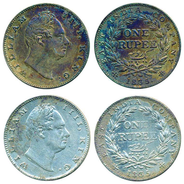 William IV, Silver (2), Rupee, 1835, Calcutta mint, R.S. Incused, 20 Berries. About Very F