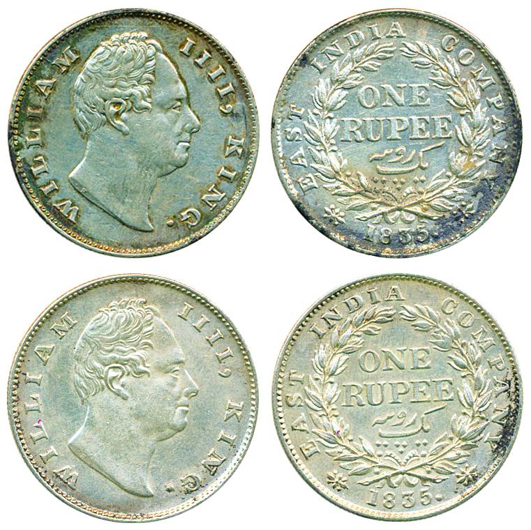 William IV, Silver (2), Rupee, 1835, Calcutta mint, F Raised, 19 Berries. Very Fine+, Scar