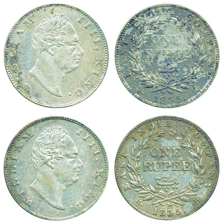 William IV, Silver (2), Rupee, 1835, Calcutta mint, F Incused, 19 Berries. Very Fine to Ab