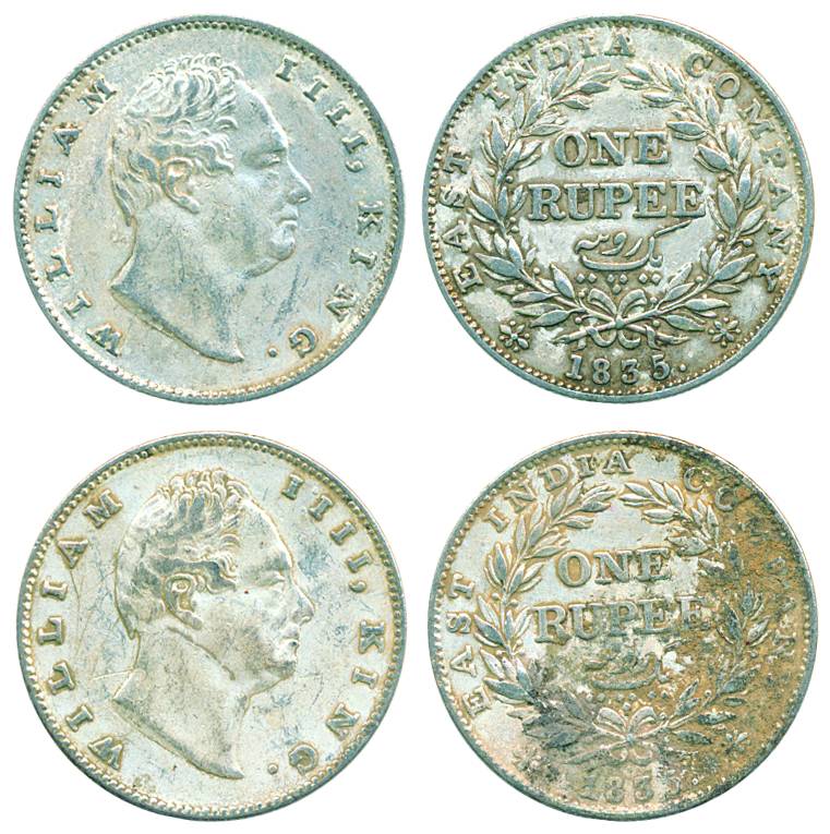 William IV, Silver (2), Rupee, 1835, Calcutta mint, R.S. Incused; Bombay mint, No initials