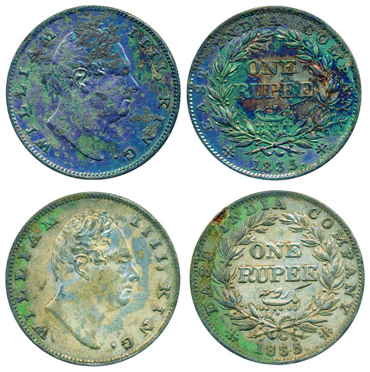 William IV, Silver (2), Rupee, 1835, Calcutta mint, R.S. Incused; Bombay mint, No initials