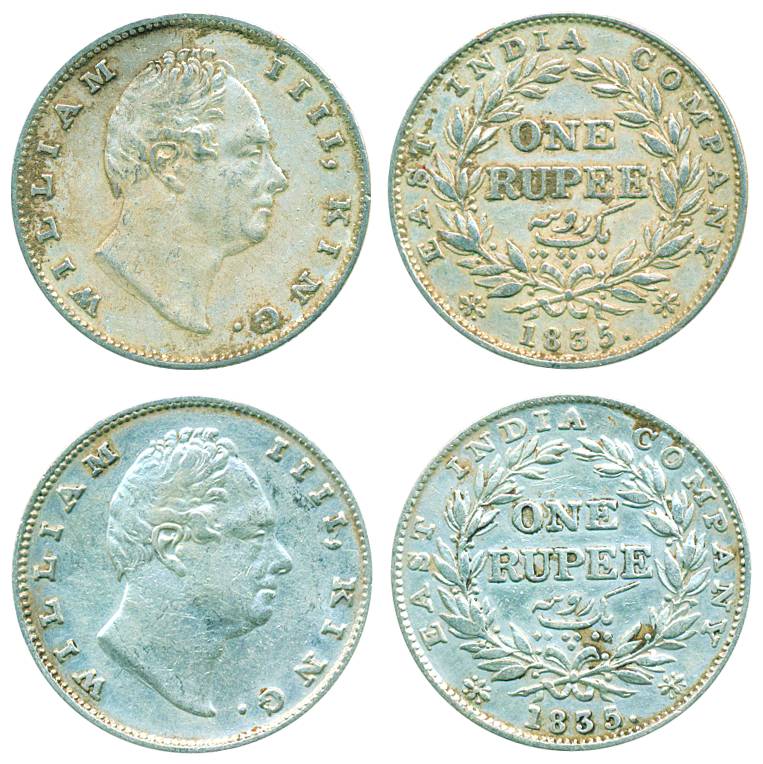 William IV, Silver (2), Rupee, 1835, Bombay mint, No initials, 20 Berries. About Very Fine