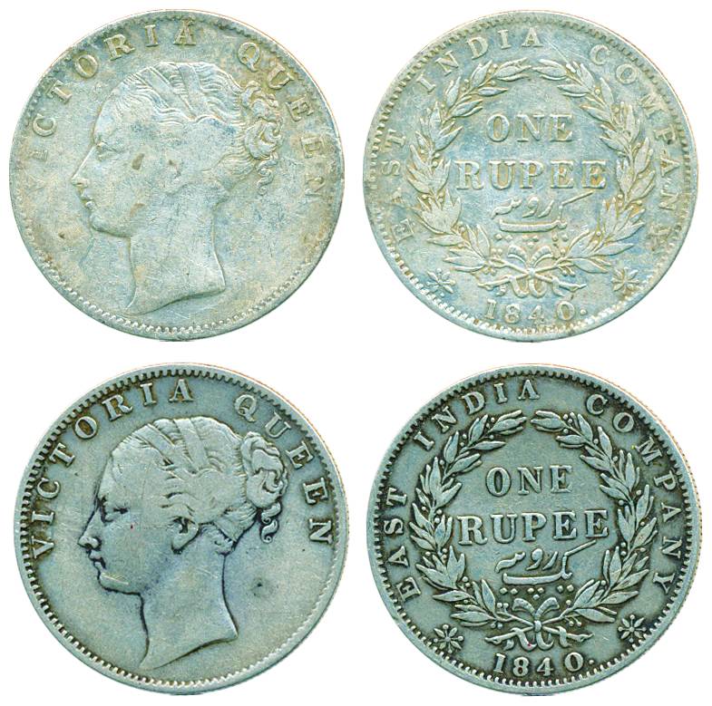 Victoria Queen (CL), Silver (2), Rupee, 1840, Calcutta mint, modified features, 35 berries