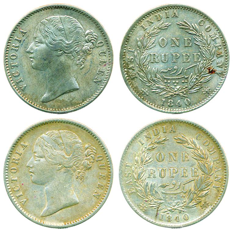 Victoria Queen (DL), Silver (2), Rupee, 1840, Calcutta mint, W.W. raised, 28 berries. Very