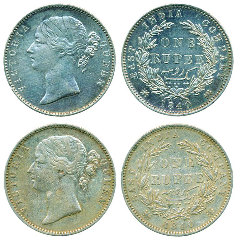 Victoria Queen (DL), Silver (2), Rupee, 1840, Madras mint, W.W.S. raised, 28 berries. Very