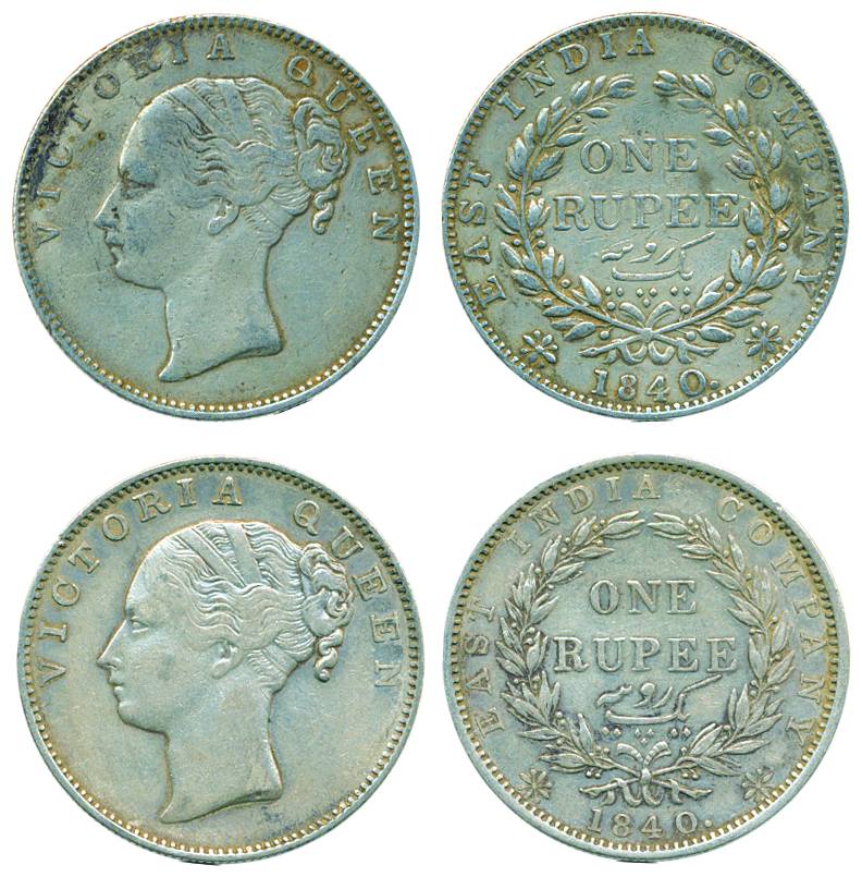 Victoria Queen (CL), Silver (2), Rupee, 1840, Madras mint, S incused, 35 berries; and 19 B