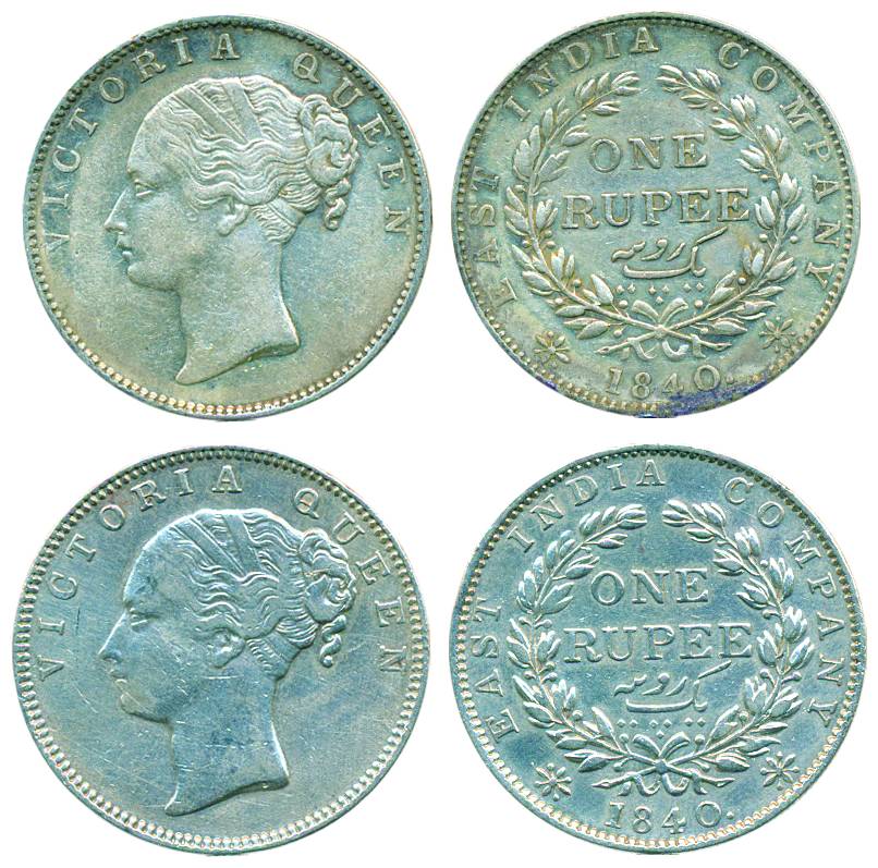 Victoria Queen (CL), Silver (2), Rupee, 1840, Madras mint, S incused, 19 Berries. About Ve