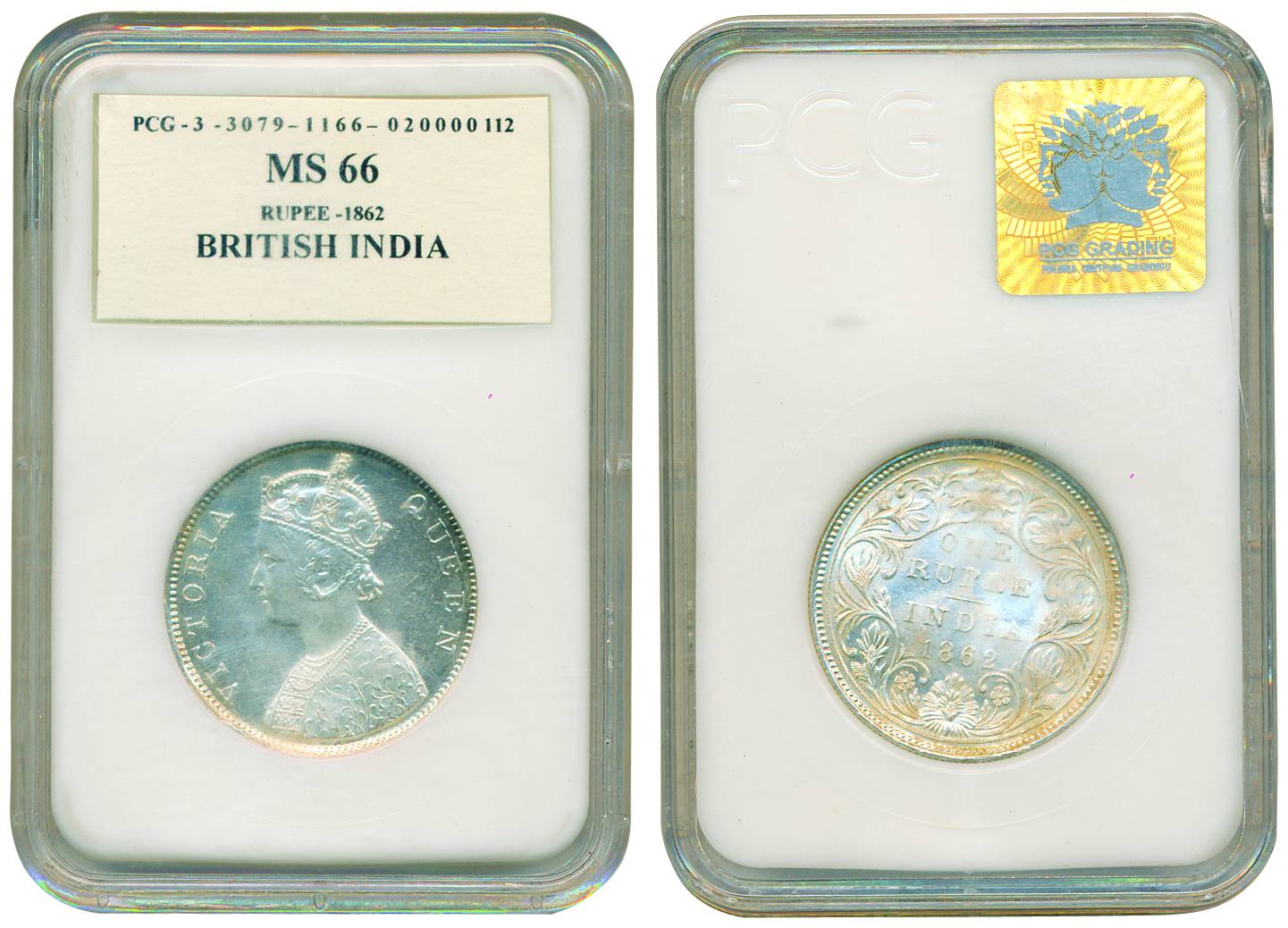 Victoria Queen, Silver, Rupee, 1862. Graded ad slabbed by PCS as MS 66, very high grade fo