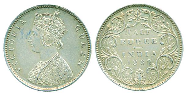 Victoria Queen, Silver, ½ Rupee, 1862, Bombay mint, B1/II. About UNC, Scarce.