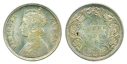 Victoria Queen, Silver, 1/4 Rupee, 1862, Calcutta mint, A/I. Very Fine, Scarce.