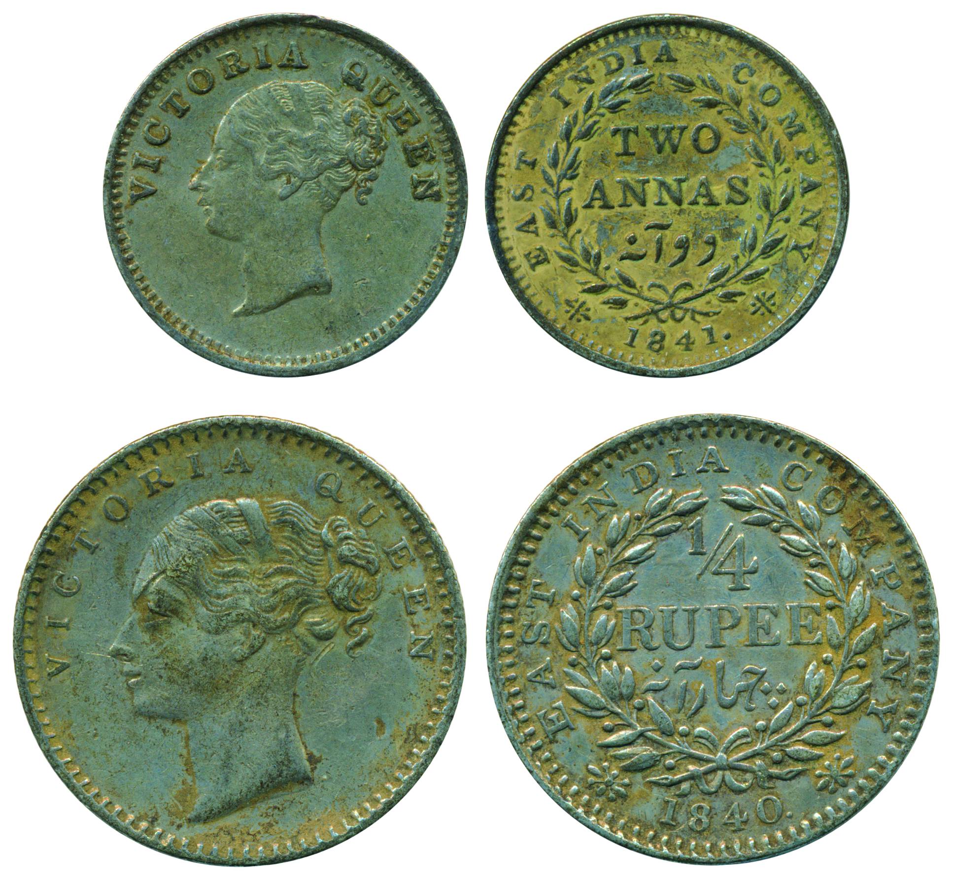 Victoria Queen (CL), Silver (2), 1/4 Rupee and 2 Annas, 1840 and 1841. Scarce. Very Fine+.