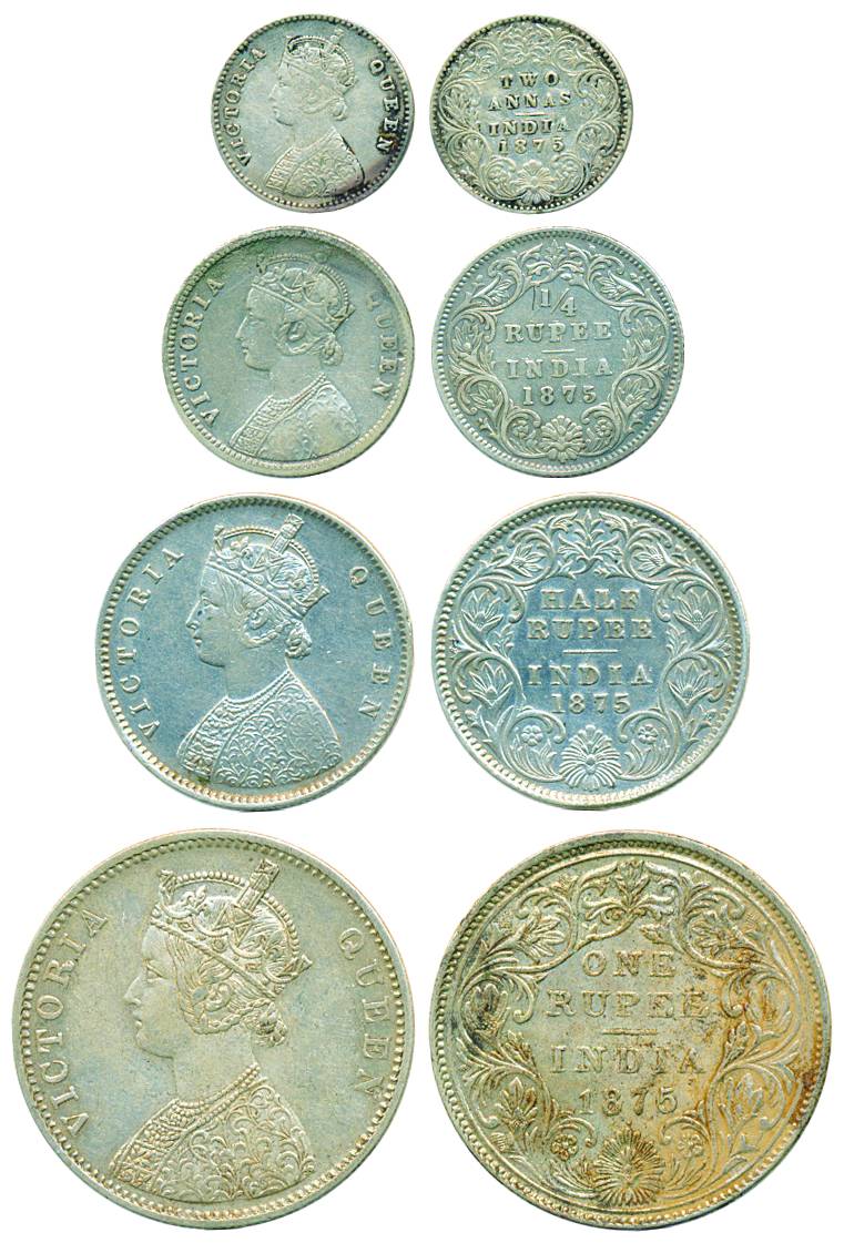 Victoria Queen, Silver(4) 1875, Set of Rupee, ½ Rupee, ¼ Rupee & 2annas, Very Fine+, 4 coi