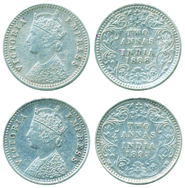 Victoria Empress, Silver (2), 2 Annas, 1888 and 1893, Bombay mint, B incused. Very Fine. 2