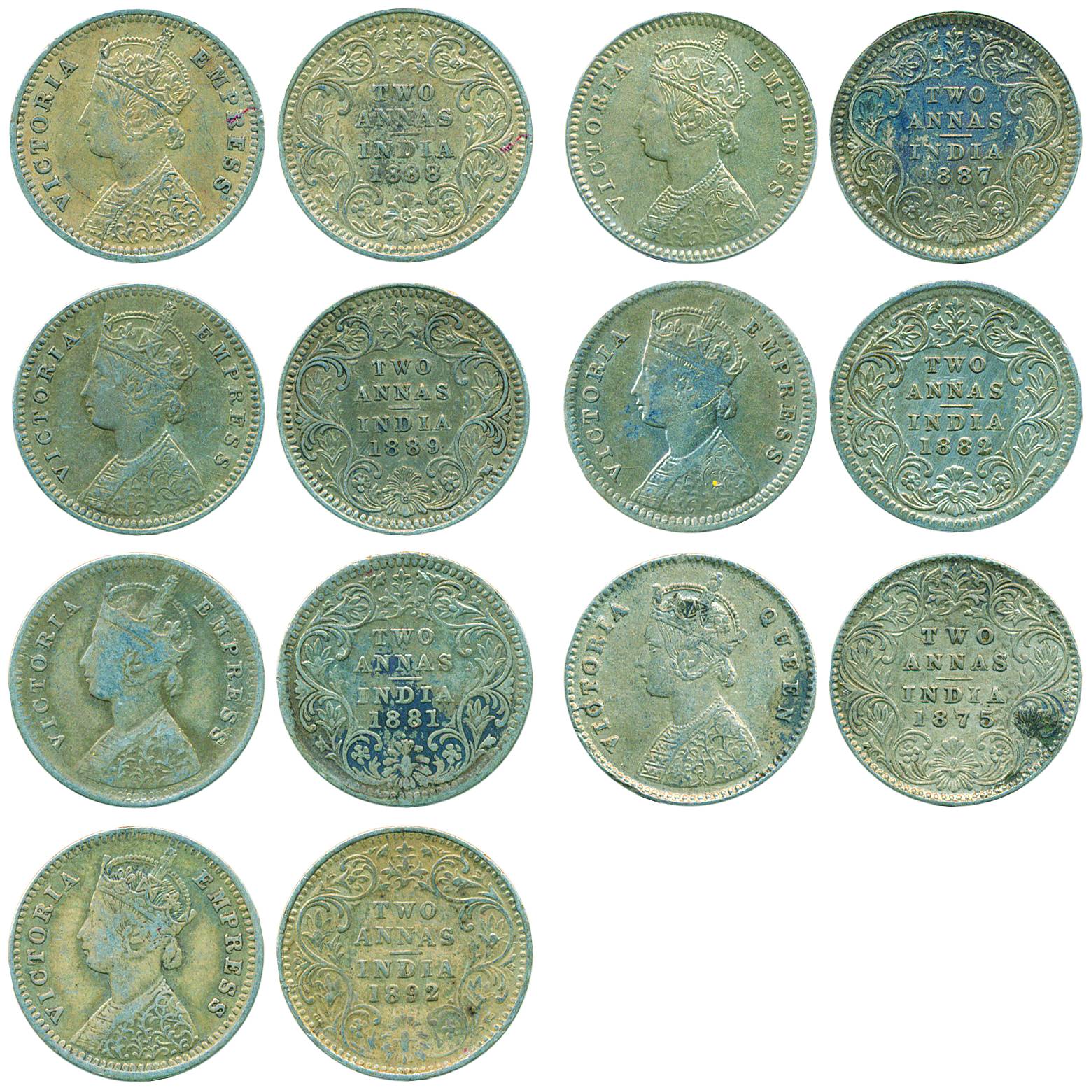 Victoria Empress/Queen, Silver (7), 2 Annas, 1875, Calcutta; 1881 Bombay; 1882 Calcutta; 1
