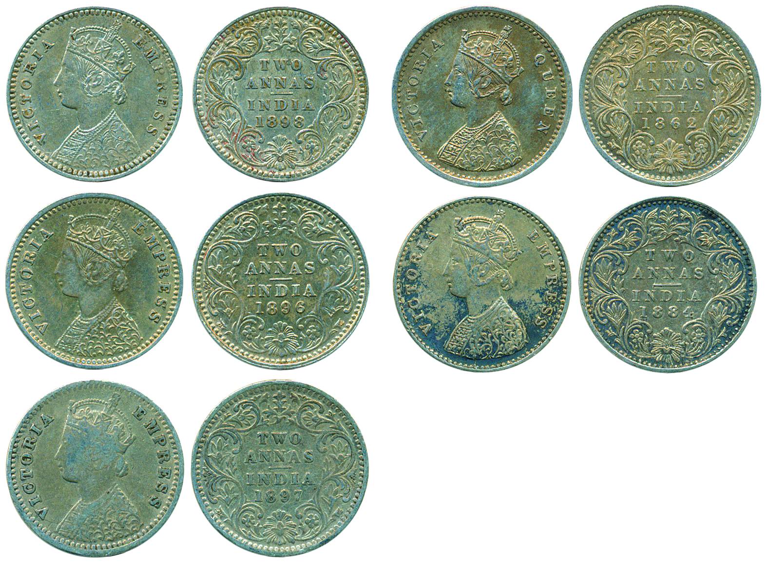Victoria Empress/Queen, Silver (5), 2 Annas, 1862 Bombay; 1884 Bombay; 1896 Bombay; 1897 B