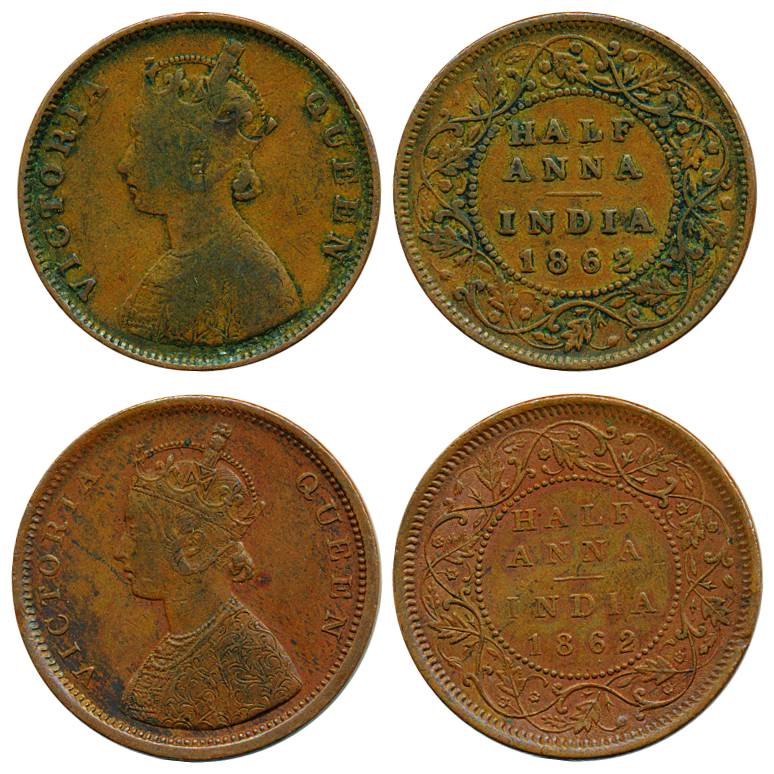 Victoria Empress/Queen, Copper (4), 1/2 Anna, 1862 Bombay; 1862 Calcutta; 1862 Madras and 