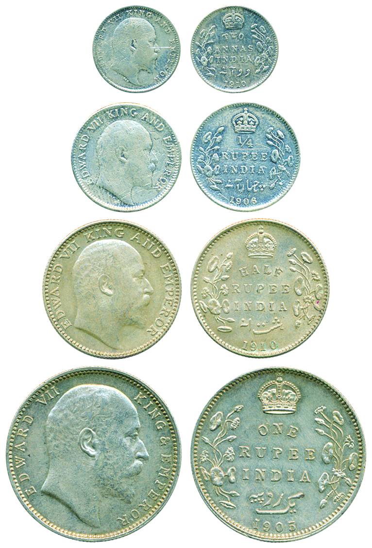 Edward VII, Silver(4) set of 4, Rupee(1905), ½ Rupee (1910), ¼ Rupee(1906) &2 Annas(1920).