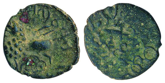 Satavahanas,Satakarni, Copper, 0.75 g, Junnar-lion type, an ornate lion standing to left f