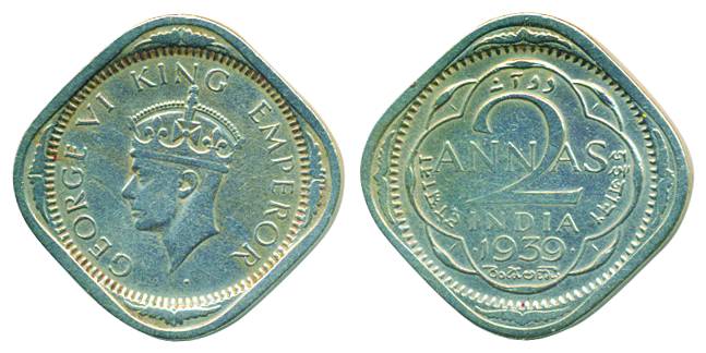 George VI, Cupro-Nickel, 2 Annas, 1939, Bombay mint, dot after side of date, Head Type II.