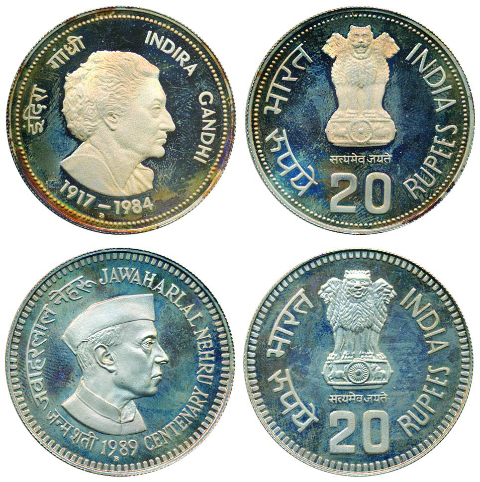 20 Rupees Proof, Silver (2), 1985, Indira Gandhi 1917-1987, and 1989, Jawaharlal Nehru Cen