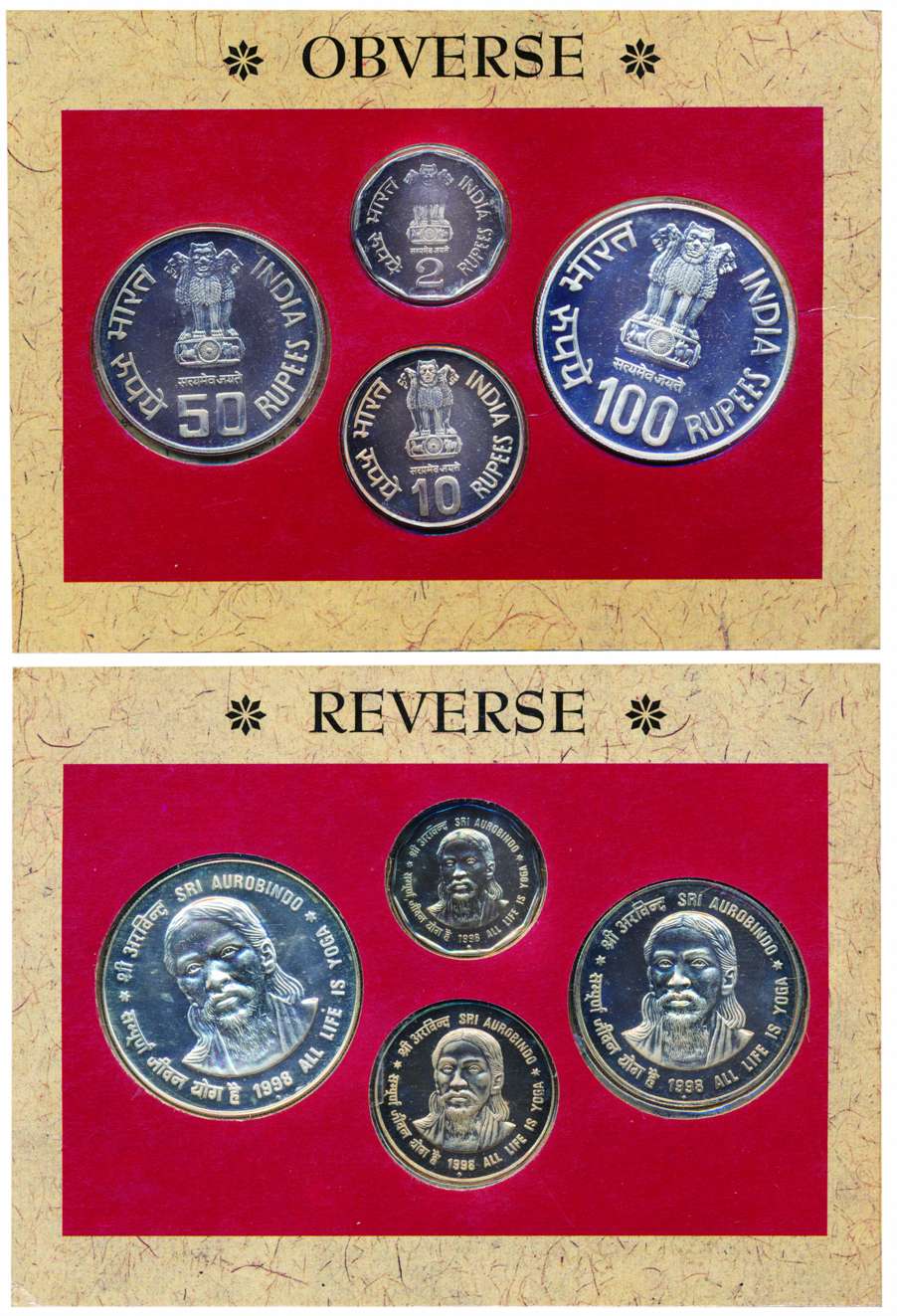 UNC set of 1998, Sri Aurbindo-All life is Yoga, Mumbai Mint,4 coin set 100, 50, 10 & 2 Rup
