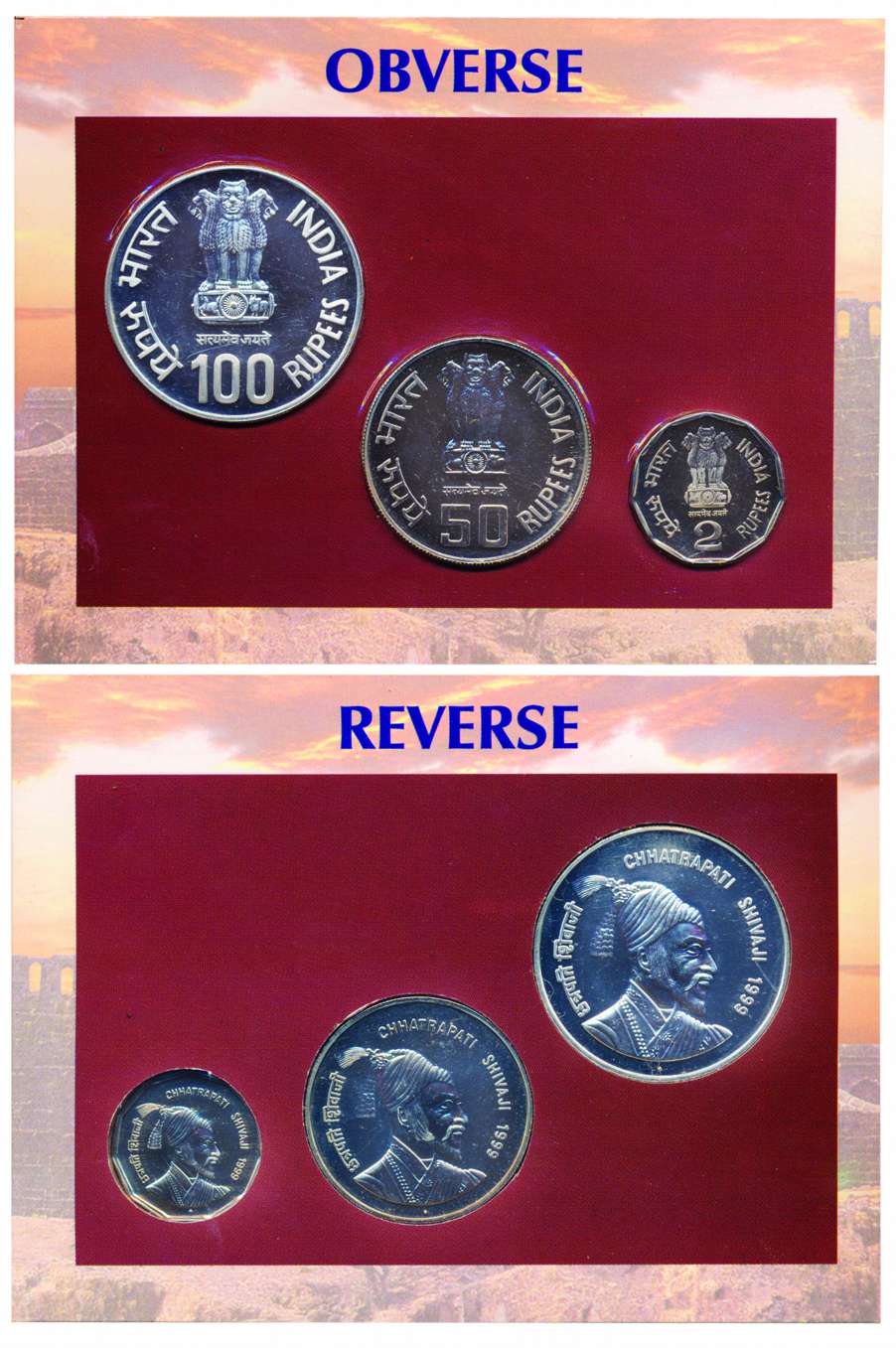 UNC set of 1999, Chhatrapati Shivaji, Mumbai Mint, 3 coin set 100, 50 & 2 Rupees, in blist
