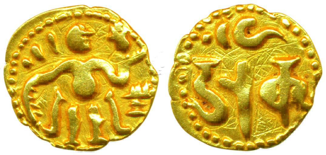 Ceylon / Sri Lanka, Gold Fanamor 1/8 Pagoda, 0.5g, obv king standing; rev Nagari legend La