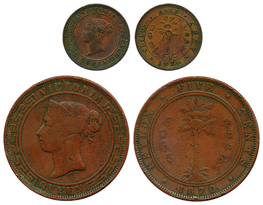 Ceylon, British period, Victoria, Copper, 5 Cents and ½ Cent, 1870. Very Fine+, Scarce. 2 