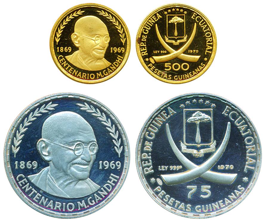Equatorial Guinea, Mahatma Gandhi commemorative issues, Gold, 500 Pesetas Guineanas, 1970,