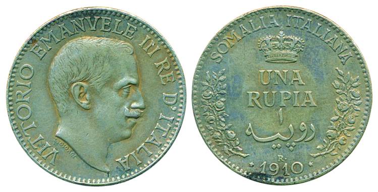 Italia Somalia, Silver, Una Rupia (Rupee), 1910R. About Extremely Fine+, Rare.
