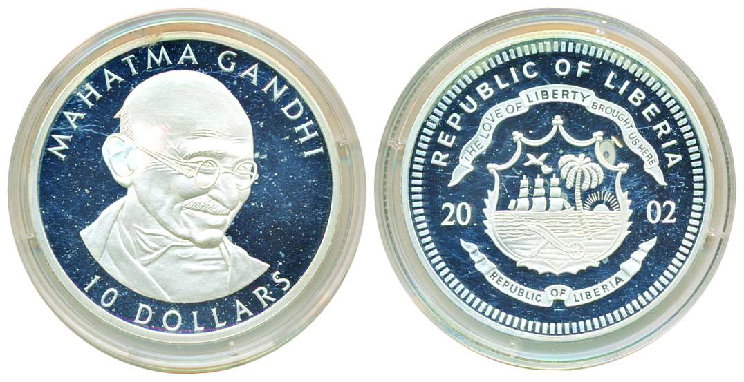 Liberia, Silver, 10 Dollars, Gandhi 2002 in Original capsule-Proof, Very Rare.